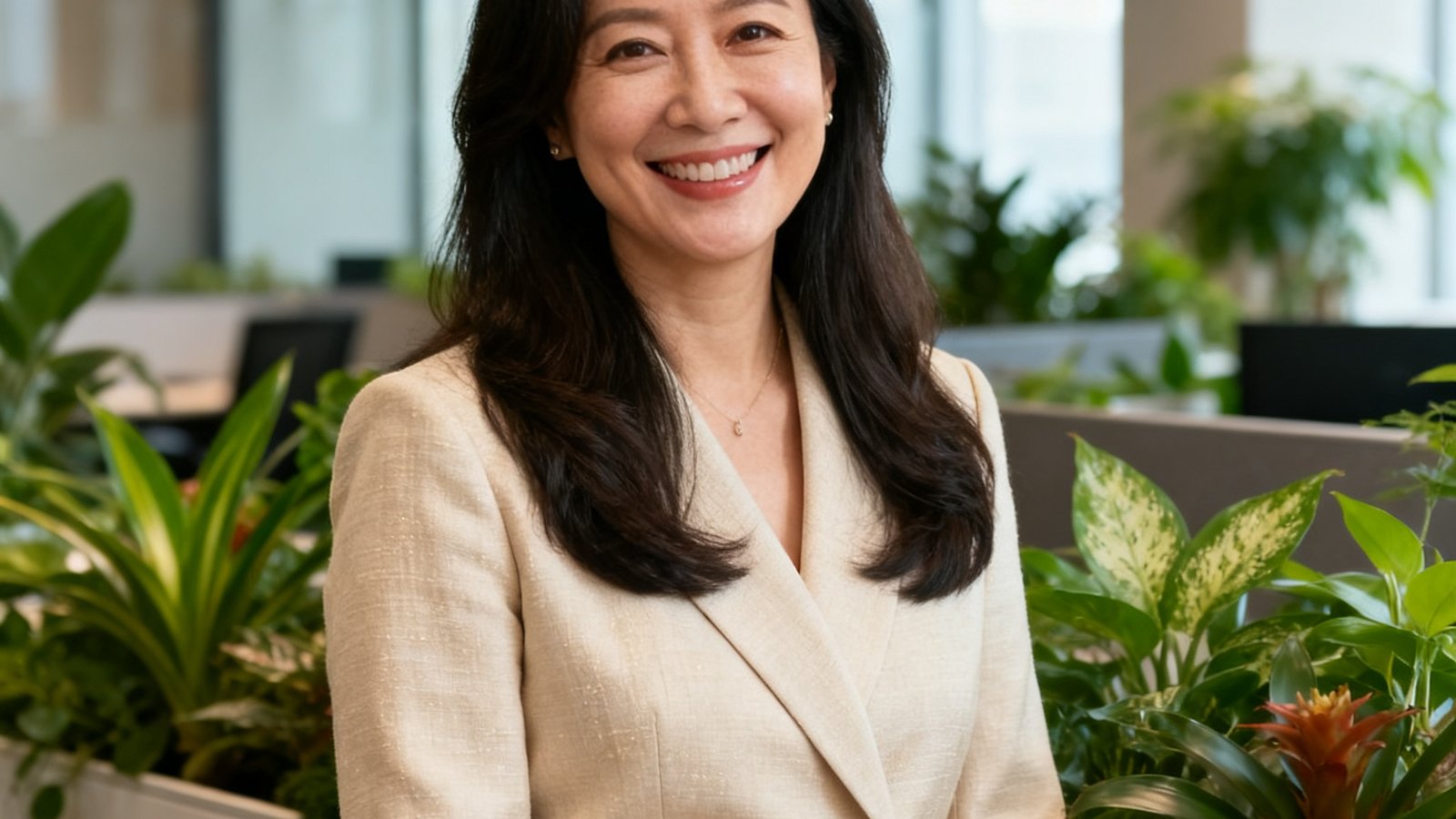 PA贵宾会会员运营副总裁方雅文，三十八岁女性，长发披肩，穿着米色职业套装，在充满绿植的现代办公室内展露温暖而专业的笑容